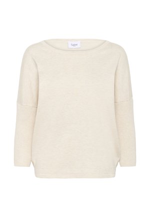 Svetra svetle bež barve z dolgimi rokavi in  širokim izrezom, z rebrastim teksturo na rokavih in stranskimi razporki za sproščen fit. Izdelan iz mehkega materiala.