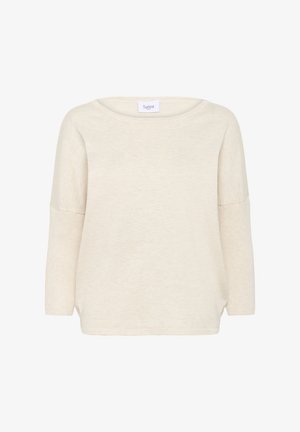 Jasno beżowy sweter z długim rękawem, z dekoltem w kształcie łódki, o żebrowanej strukturze rękawów i szczelinach po bokach dla luźniejszego dopasowania. Wykonany z miękkiego materiału.