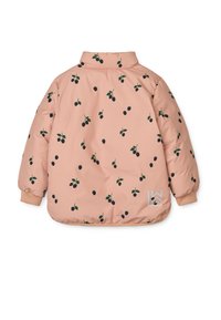 Light pink puffer jacket featuring a black and green cherry pattern, ribbed cuffs, and a logo detail on the bottom left.