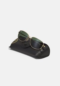 Lunettes de soleil avec monture dorée et verres verts reposant sur un étui en cuir noir texturé comportant un emblème circulaire et un fermoir à pression.