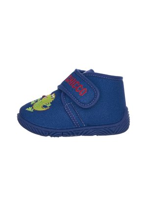 Scarpa in tessuto blu con cinturino in Velcro, caratterizzata da un motivo ricamato di lucertola verde e testo rosso. Suola in gomma e lati texture per una presa migliore.