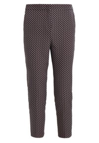 Pantaloni a fantasia in tessuto scuro con piccoli disegni floreali in rosa chiaro, con vestibilità affusolata e vita elasticizzata.