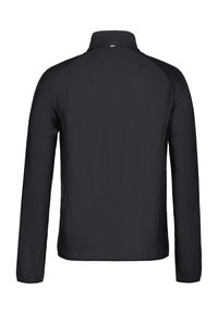 Svart långärmad jacka med hög krage, som har ett texturerat mönster, en slimmad design och en minimalistisk stil. Ingen synlig hårdvara.