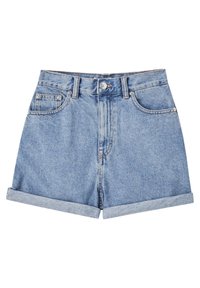 Short en denim bleu clair avec ourlets roulés, fermeture à boutons à l'avant, passants de ceinture et design cinq poches.