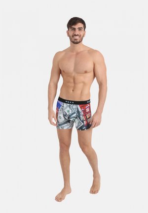 boxers pour hommes avec un imprimé de billets de dollar, une ceinture élastique noire avec la marque "WAXX", et un tissu lisse et extensible.