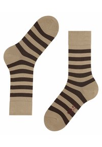 Beige- und braun gestreifte Knöchelsocken, hergestellt aus einem weichen Stoff. Mit einem verstärkten Zeh und Ferse, die eine glatte Textur und eine bequeme Passform bieten.