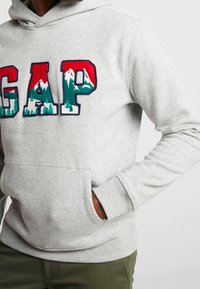 Grauer Hoodie mit buntem gesticktem "GAP"-Logo, das Details von Bergen und Bäumen aufweist. Enthält eine Kängurutasche und gerippte Bündchen.
