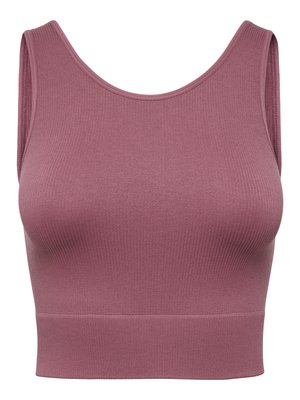 Rukávový krátký top v barvě šeříku z rebrované látky s širokými ramínky a zaobleným výstřihem.