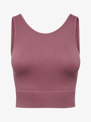 Brezrokavni kratki top iz malinasto vijoličnega rebrastega blaga z širokimi naramniki in zaobljenim izrezom na vratu.