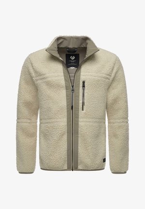 Veste en polaire beige avec fermeture éclair intégrale à l'avant, poche poitrine zippée, col montant et tissu à texture douce.