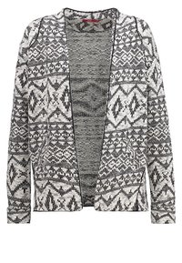 Gebreid vest in zwart-wit met geometrische patronen, open voorkant, lange mouwen en textuurstof. Geen knopen of sluitingen zichtbaar.