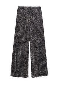 Zwarte broek met een geplooid ontwerp, voorzien van een gestructureerde stof en ingewikkelde witte patronen. Elastische tailleband met een trekkoord.