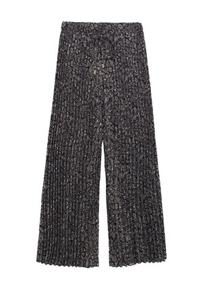 Pantalones negros con un diseño plisado, que cuentan con una tela texturizada y patrones blancos intrincados. Cintura elástica con cordón ajustable.