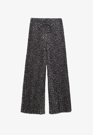 Black pants with a pleated design, featuring a textured fabric and intricate white patterns. Elastic waistband with a drawstring.