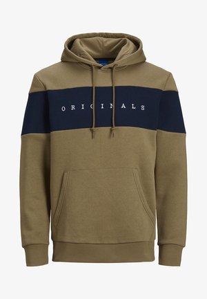 Sweat à capuche vert olive avec une bande centrale bleu marine, arborant le texte "ORIGINALS", des cordons de serrage, une poche kangourou à l'avant et des poignets côtelés.