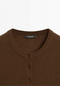 Brown round-neck cardigan with three buttons and a Massimo Dutti label at the neckline against a white background.