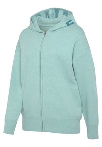 Mintgrüne Zip-Hoodie mit weichem Textil, elastischen Bündchen und einer Kapuze, die mit einem kontrastierenden gemusterten Stoff gefüttert ist. Mit einem Frontreißverschluss.
