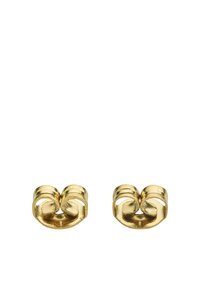 Orecchini a cuffia in metallo color oro con un design aperto e attorcigliato, caratterizzati da due bande curve e superfici lisce e texture.