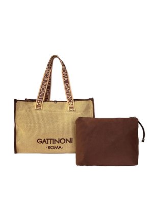 Beige gewebte Tragetasche mit braunem Besatz und Gattinoni Roma-Logo, kombiniert mit einem schlichten braunen Reißverschluss-Etui.