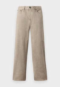 Light beige wide-leg trousers displayed against a plain white background, featuring front pockets and a button closure at the waist.