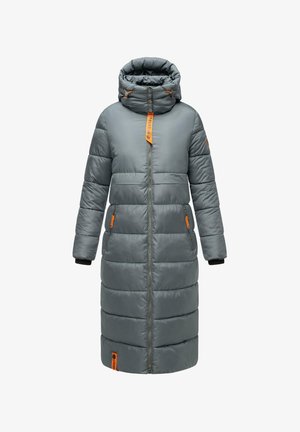 Long grey puffer coat with a high collar, zip closure, elastic cuffs, and orange zipper pulls and accents. Features horizontal quilting.