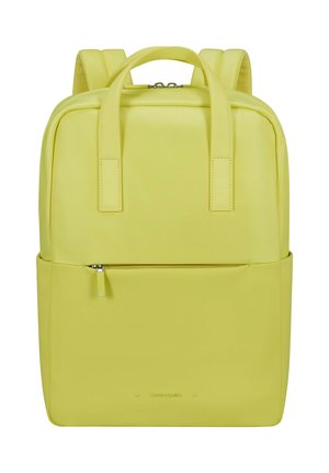 Yellow backpack made of smooth, durable material. Features two top handles, adjustable shoulder straps, and a front zippered pocket.