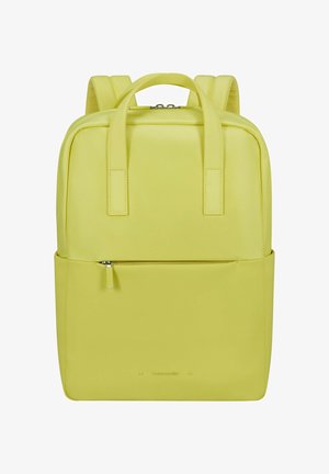 Yellow backpack made of smooth, durable material. Features two top handles, adjustable shoulder straps, and a front zippered pocket.