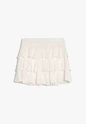 Fehér, réteges miniszoknya rugalmas derékpánttal és lágy, folyékony fodros rétegekkel.