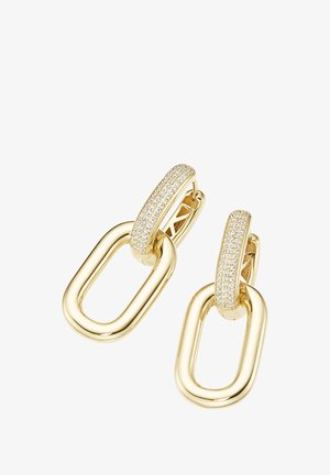 Gold-tone earrings with oval chain links, featuring pavé-set clear crystals on the top hoop clasps.