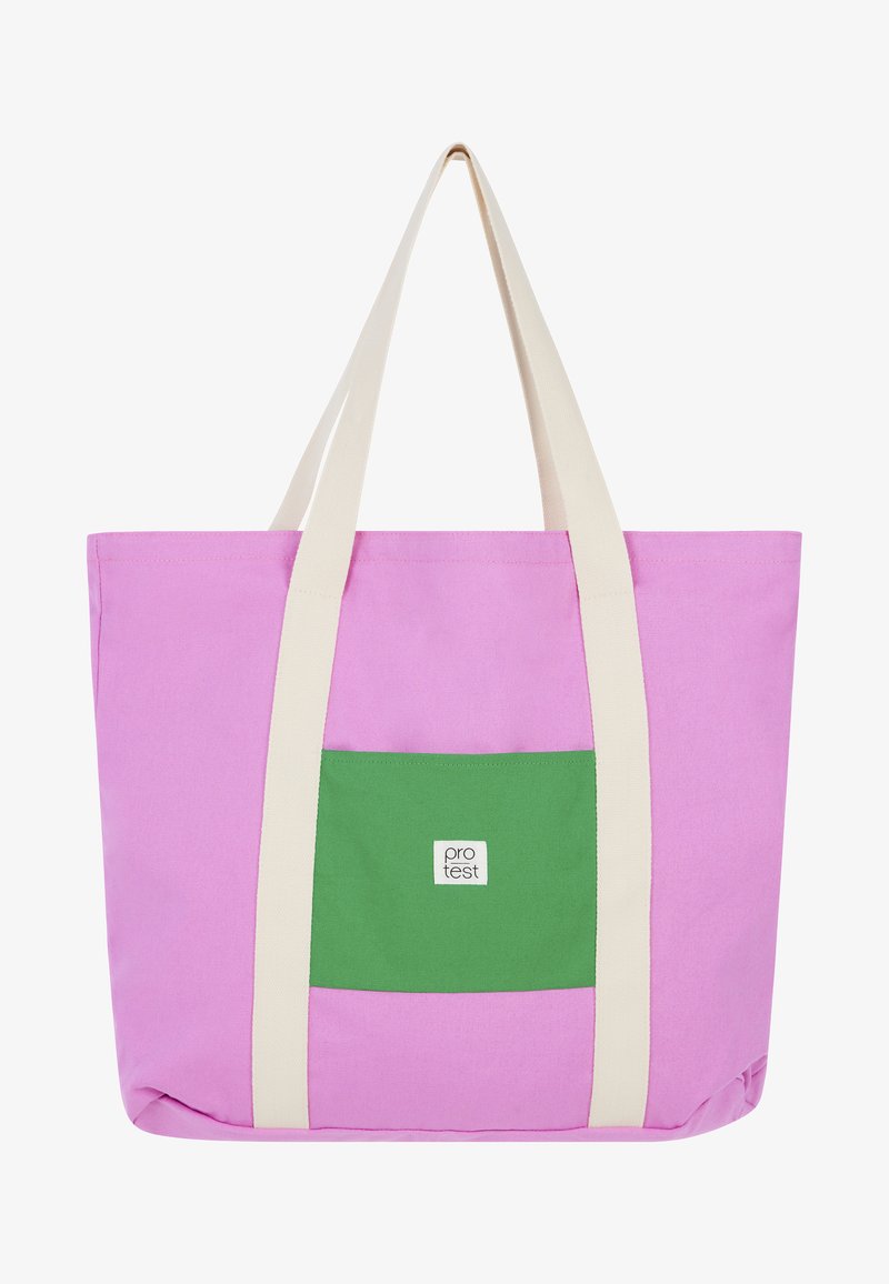 Canvas tote tas in het roze met een groene zak. Heeft lange crèmekleurige hengsels en een rechthoekige vorm. Inclusief een wit logo op de zak.