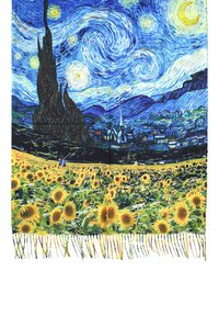 Sciarpa tessuta con un design vivace del cielo notturno, caratterizzato da blu vorticosi e brillanti stelle gialle, con girasoli accentuanti nella parte inferiore.