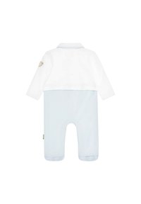Langärmliger Baby-Body mit einem weißen Oberteil mit Kragen und hellblauen Unterteil. Enthält einen beigen Tier-Patch am Ärmel. Weicher Stoff.