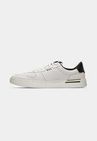White low-top sneaker with black heel, lace-up closure, subtle perforations, and "BOSS" logo on the side, shown from outer side profile.