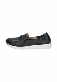 Tengerészeti bőr slip-on cipők texturált felülettel, rugalmas pánttal és fehér gumitalppal. Kerek orrú és könnyű kialakítású.