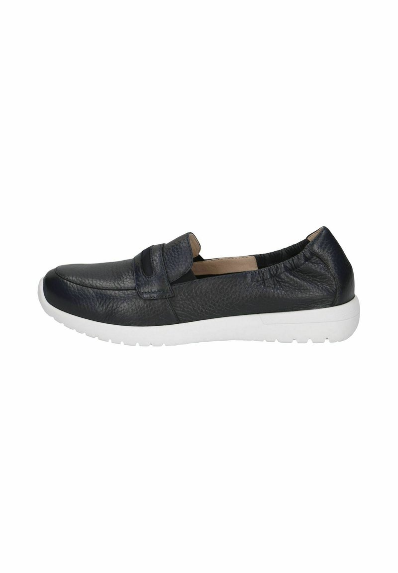 Tengerészeti bőr slip-on cipők texturált felülettel, rugalmas pánttal és fehér gumitalppal. Kerek orrú és könnyű kialakítású.
