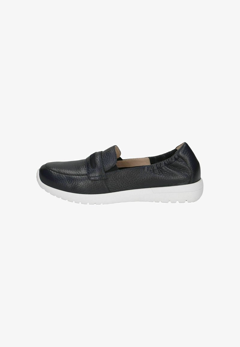 Navy leather slip-on shoes with a textured finish, elasticized band, and white rubber sole. Features a rounded toe and lightweight design.