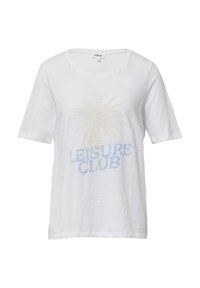 T-shirt blanc à manches courtes en tissu léger présentant un graphique de palmier bleu clair et jaune avec le texte "LEISURE CLUB".