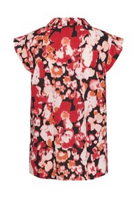Blouse florale avec des motifs rouges, oranges et blancs sur un fond noir. Manches courtes et encolure froncée. Tissu léger.