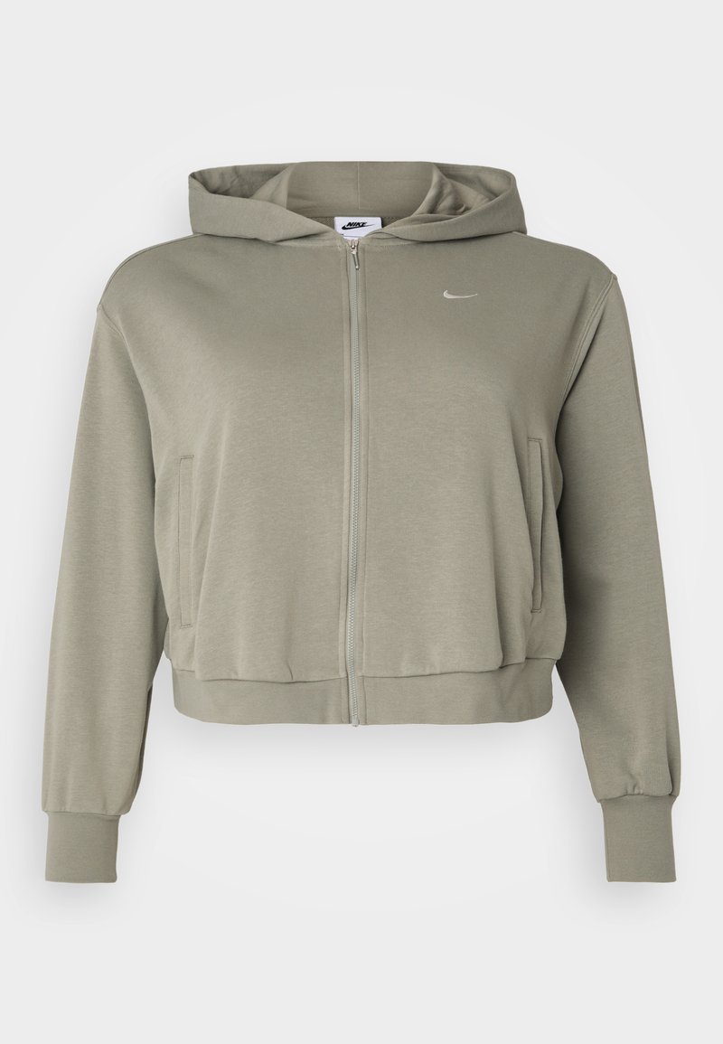 Sudadera verde oliva corta, hecha de tela suave, con cremallera frontal, bolsillos tipo canguro y un pequeño logo en el lado izquierdo del pecho.