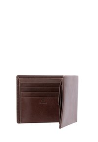 Cartera de cuero marrón con diseño bifolde, que presenta múltiples ranuras para tarjetas, textura suave y detalle de protección RFID.