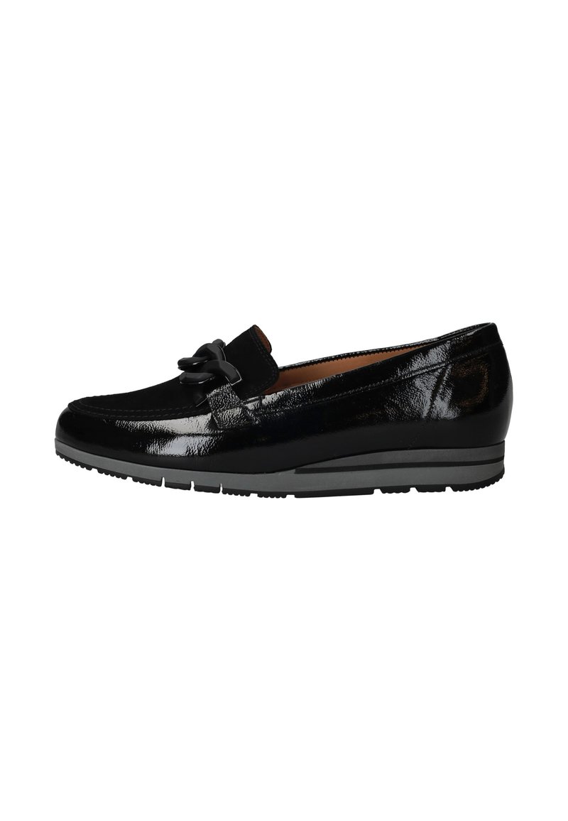 Black patent leather loafer with a black suede bow accent, a rounded toe, and a low wedge rubber sole. Smooth texture and shiny finish.
