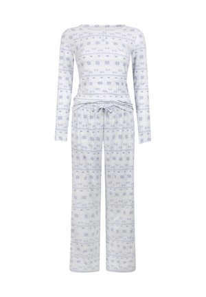 Long-sleeve pajama set in light blue with white floral patterns. Made of soft fabric, featuring a round neckline and drawstring waist.