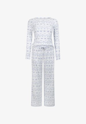 Lange mouw pyjama set in lichtblauw met witte bloemmotieven. Gemaakt van zachte stof, met een ronde halslijn en een tailleband met trekkoord.