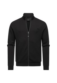 Chaqueta negra con cremallera y cuello alto, hecha de un tejido suave. Presenta una cremallera frontal y mangas con puños. Diseño minimalista sin patrones.