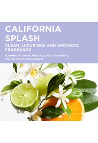 California Splash Duft mit weißen Zitrusblüten, grünen Limetten- und Orangenscheiben sowie glänzenden grünen Blättern mit Wassertropfen.