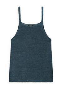 Knitted tank top in dark blue, featuring thin straps and a rounded neckline. The texture is soft and breathable, suitable for warm weather.