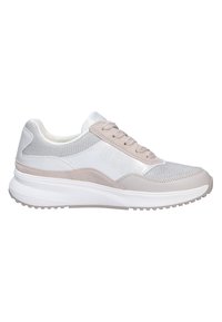 Lightweight sneaker in white, silver, and beige. Features mesh panels, suede accents, and a thick white sole with textured tread. Six lace eyelets.