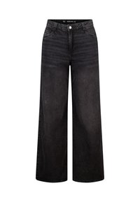 Zwarte denim broek met wijde pijpen, een hoge taille, steekzakken aan de voorkant en een knoopsluiting. Glad oppervlak met subtiel vervaagd patroon.