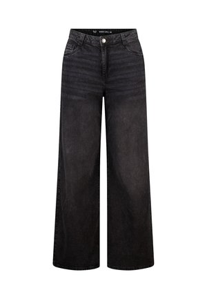 Zwarte denim broek met wijde pijpen, een hoge taille, steekzakken aan de voorkant en een knoopsluiting. Glad oppervlak met subtiel vervaagd patroon.