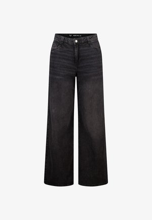 Pantalon en denim noir à jambes larges avec taille haute, poches avant et fermeture à bouton. Texture lisse avec un motif délavé subtil.